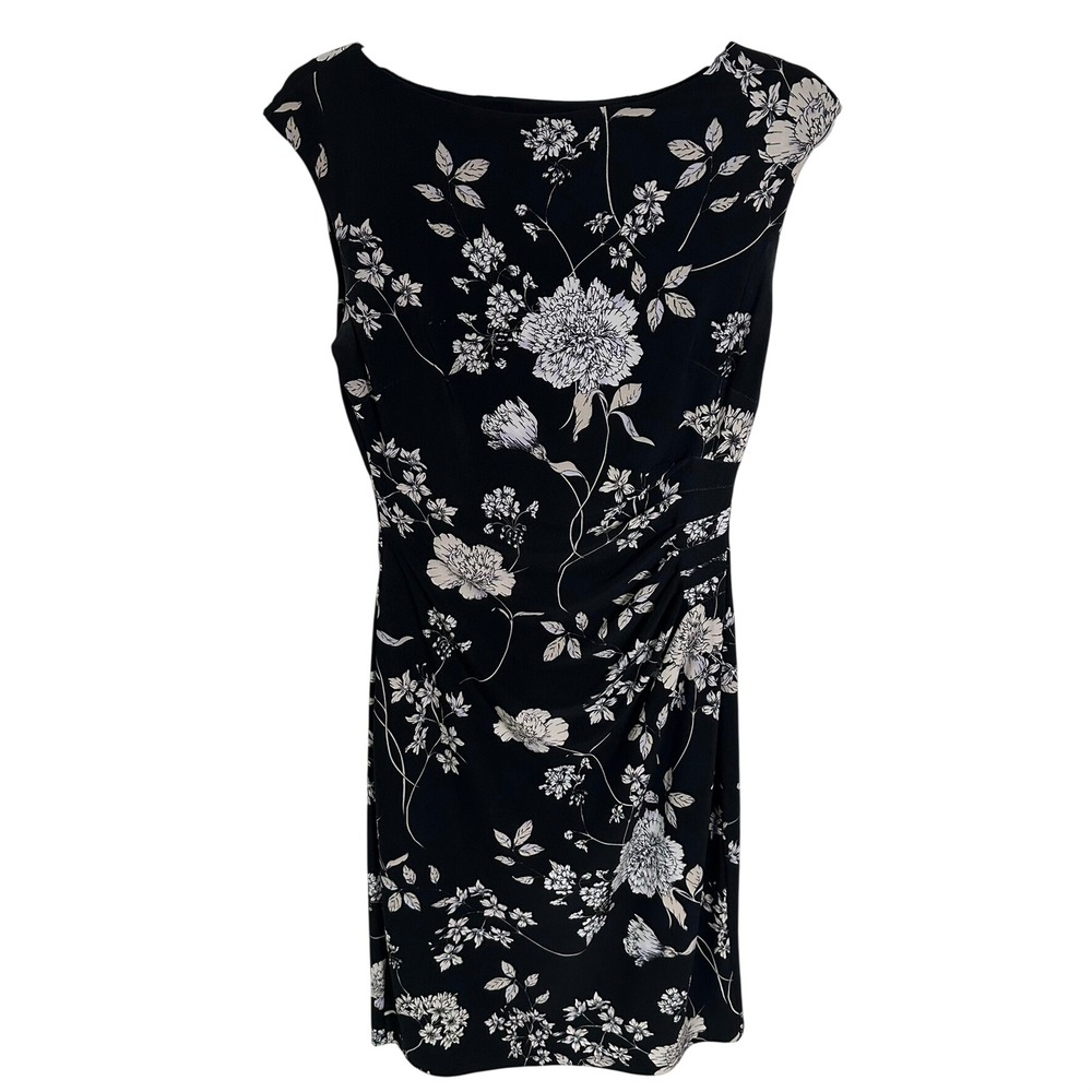 Lauren‎ Ralph Lauren Black Floral Boat Neck Ruched Sheath Dress Size 6